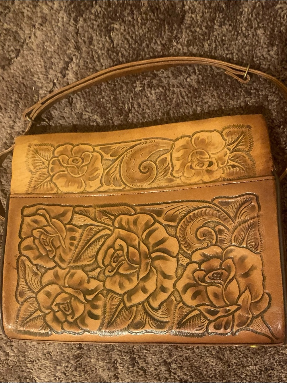 Tooled Leather Floral Shoulder Bag in Tan